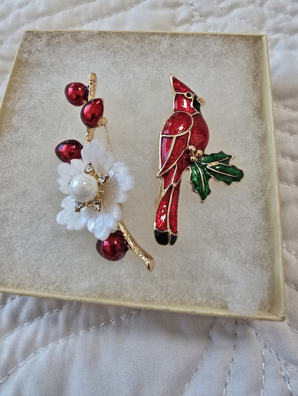 Stunning Red Cardinal and Floral Pearl Brooch Set - Designer Style